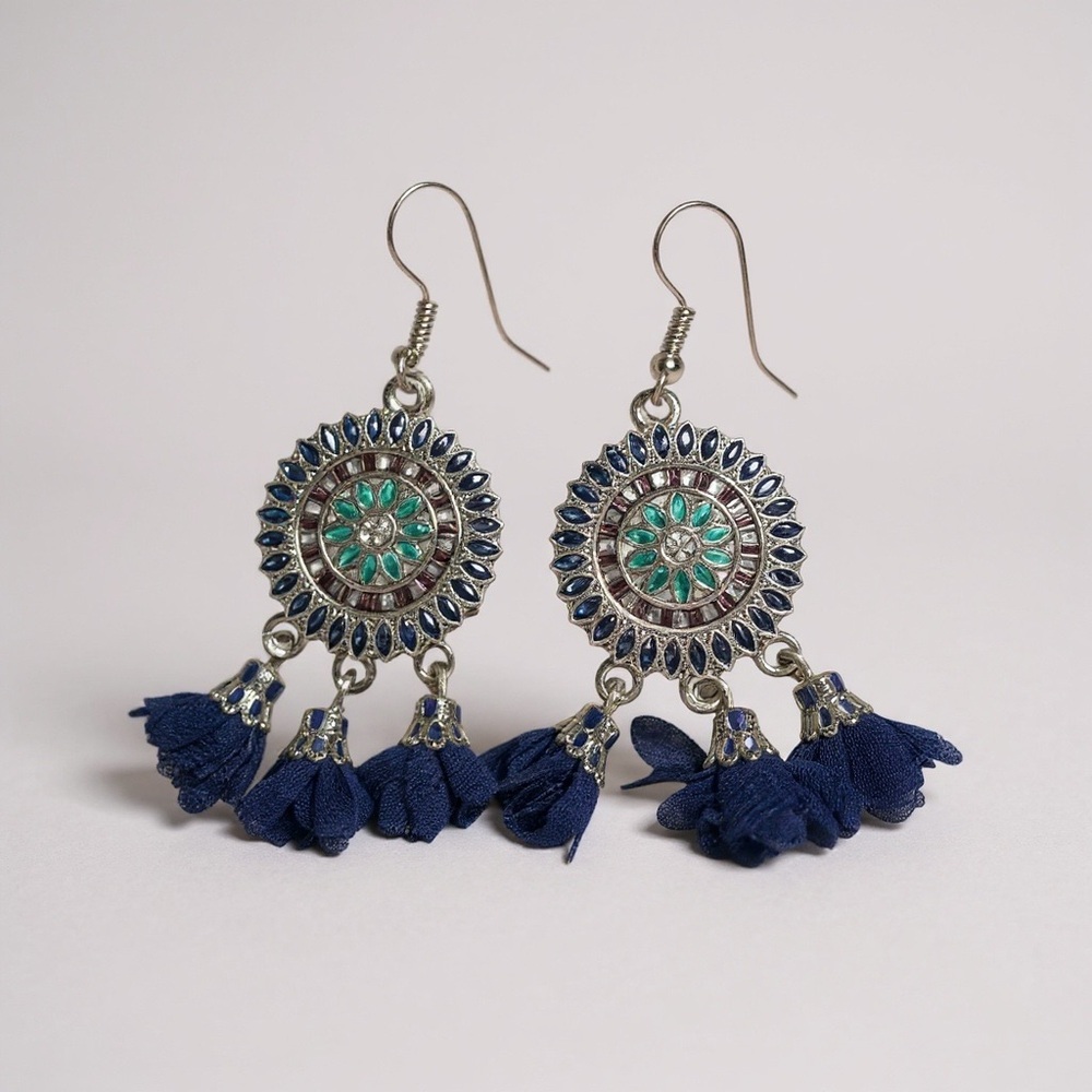 Boho Festival Medallion Tassel Earrings Blue